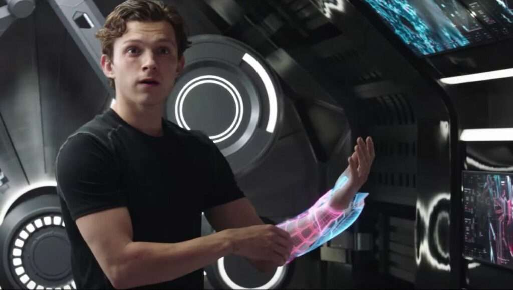 peter parker with iron man gauntlet in spider man far from home