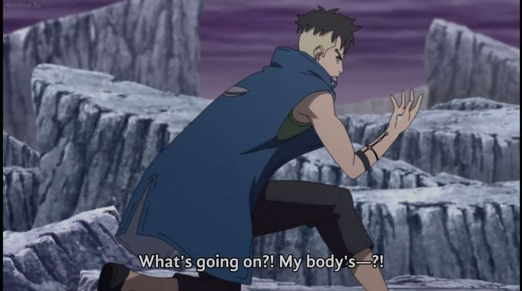 Kawaki's body goes numb after he's infected with the virus