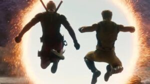 deadpool and wolverine jumping in a portal