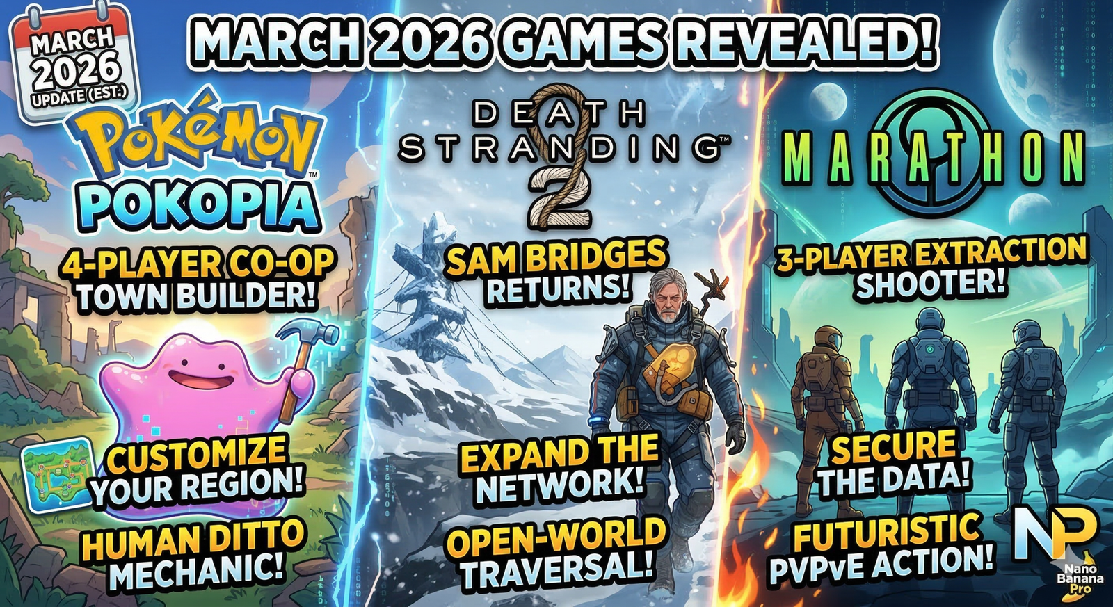 Collage of March 2026 video games including Pokemon Pokopia, Death Stranding 2, and Marathon