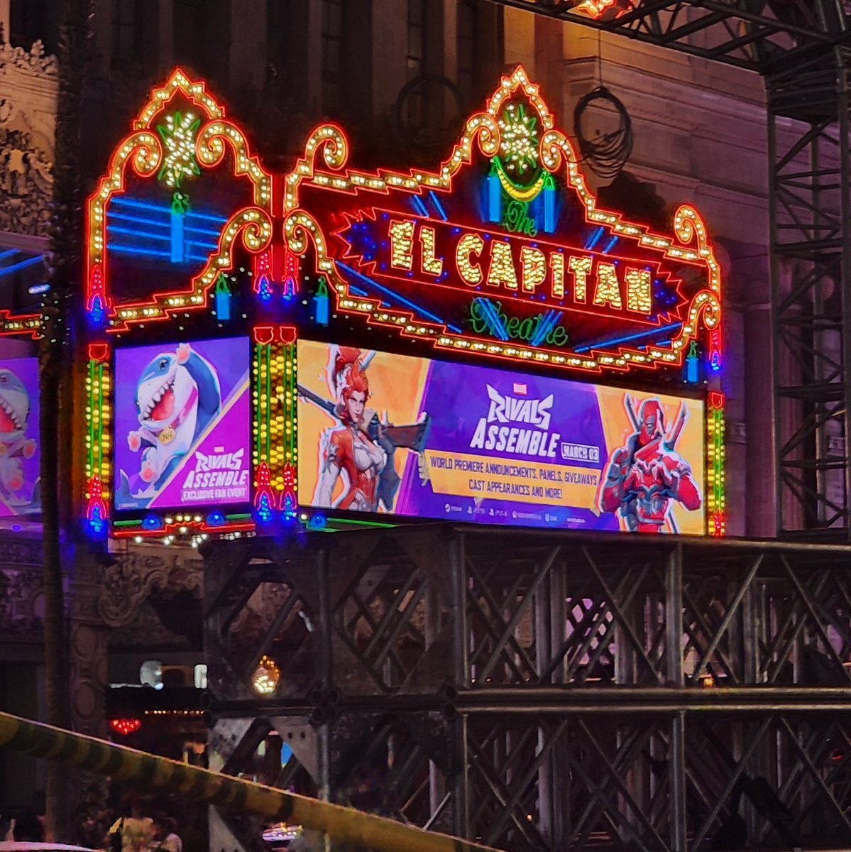 The marquee at the El Capitan Theatre in Hollywood for the Marvel Rivals Assemble event